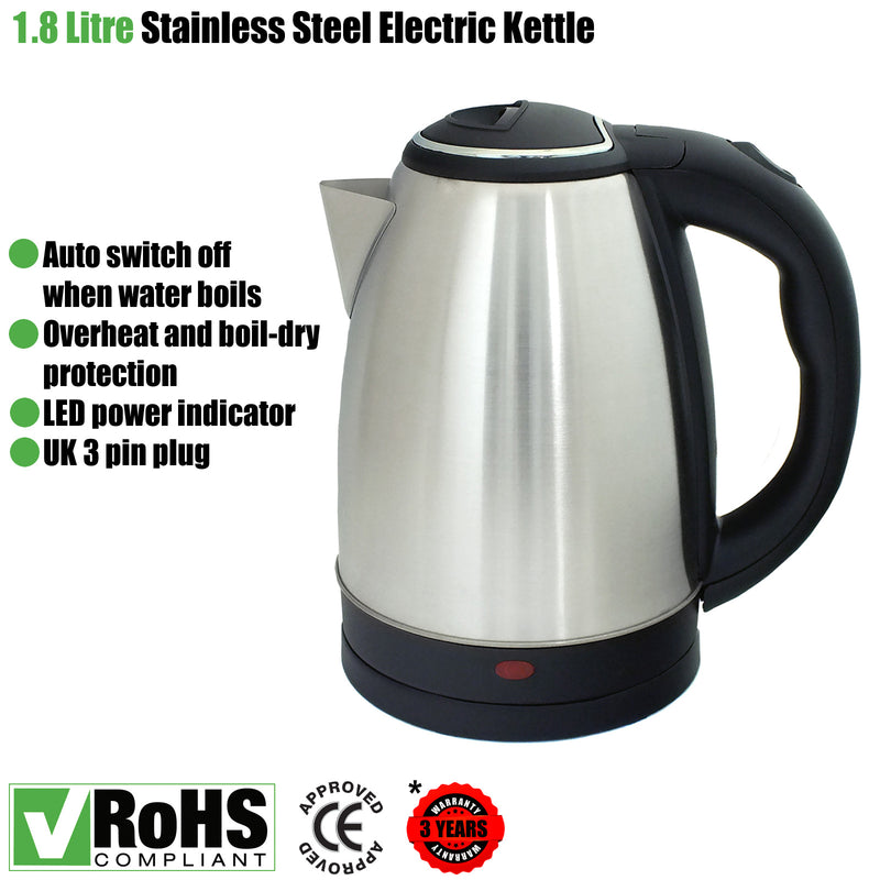 Electric Kettle Cordless Stainless Steel Jug 1500W 1.8L 360° Boil Dry Protection