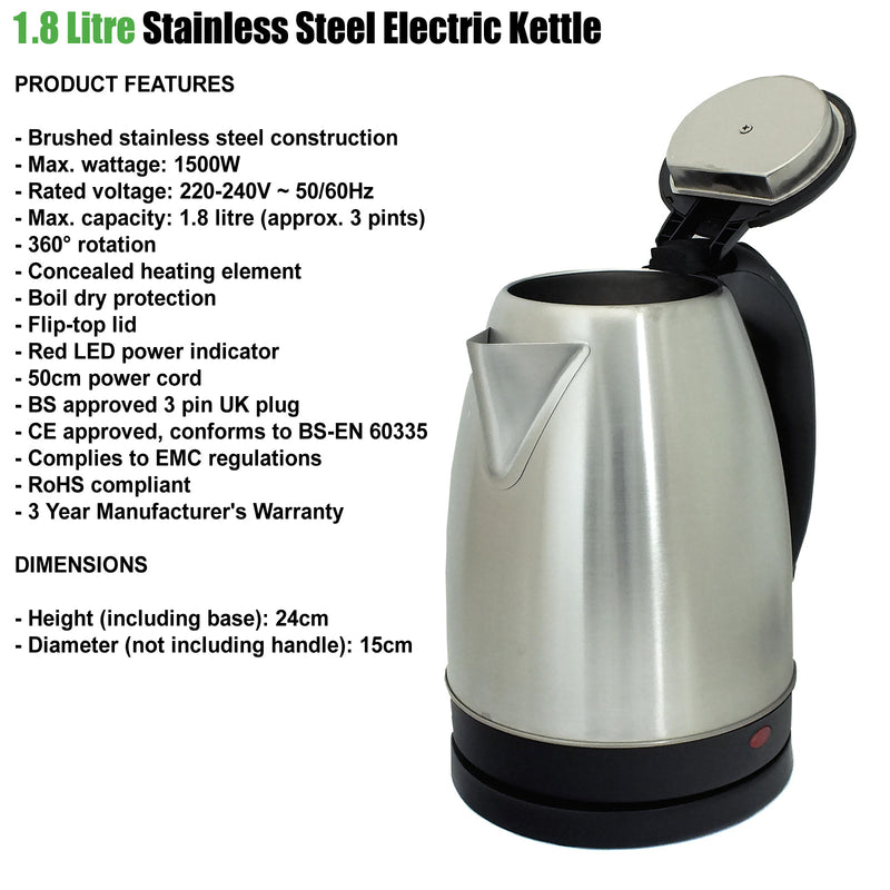 Electric Kettle Cordless Stainless Steel Jug 1500W 1.8L 360° Boil Dry Protection