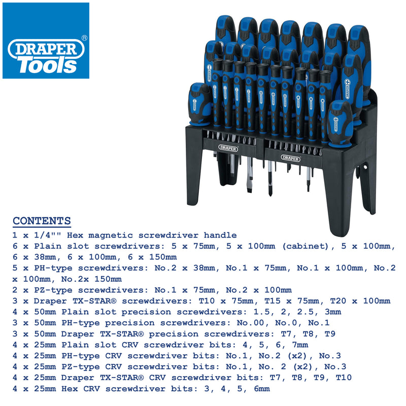 Draper 16736 47 Piece Soft Grip Screwdriver & Bits Set with Storage Stand | Plain Slotted PH PZ TX-STAR