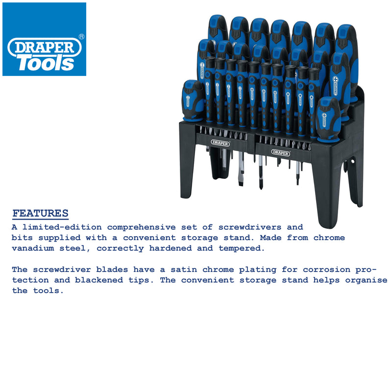 Draper 16736 47 Piece Soft Grip Screwdriver & Bits Set with Storage Stand | Plain Slotted PH PZ TX-STAR