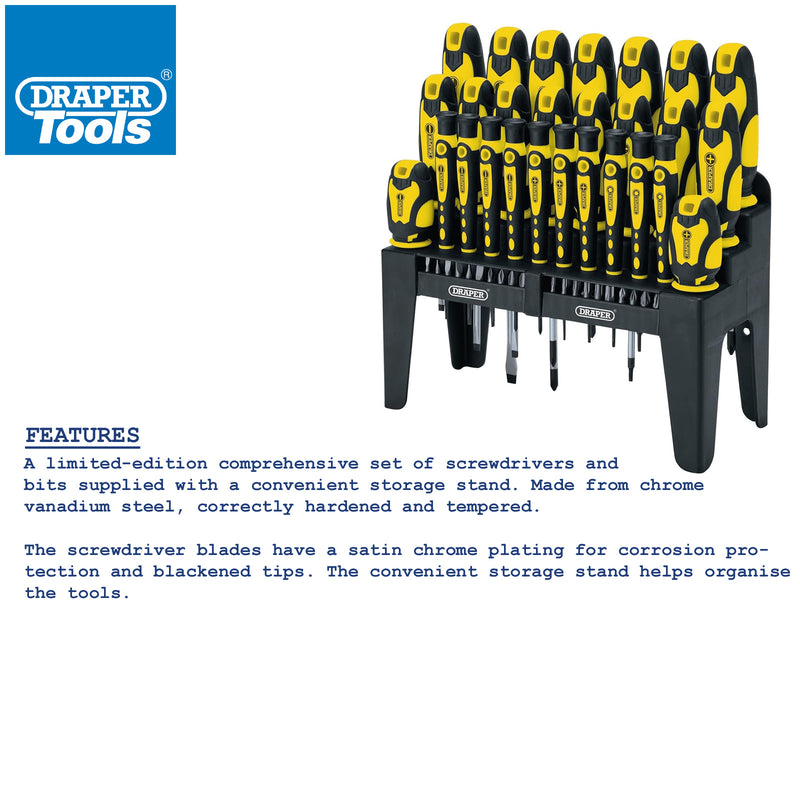 Draper 16824 47 Piece Soft Grip Screwdriver & Bits Set with Storage Stand | Plain Slotted PH PZ TX-STAR