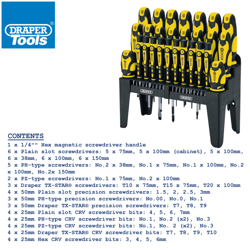 Draper 16824 47 Piece Soft Grip Screwdriver & Bits Set with Storage Stand | Plain Slotted PH PZ TX-STAR