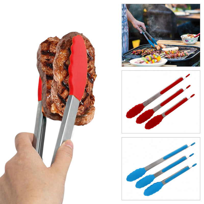 3 Piece Silicone Kitchen Tongs Stainless Steel Utensil Set