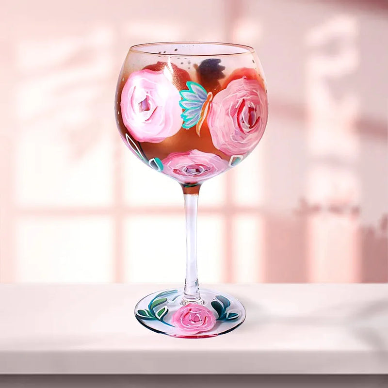 Cocktail Glass Gin Pink Roses Balloon Copa Handpainted Flower Floral Design