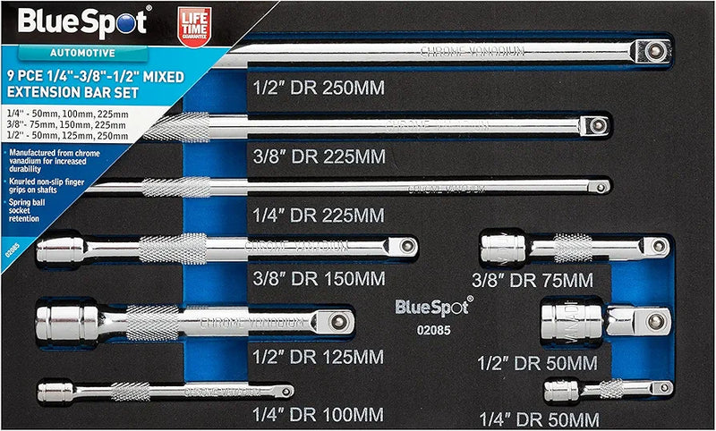 Blue Spot Tools 02085 9 Piece 1/4"-3/8"-1/2" Mixed Extension Bar Set 