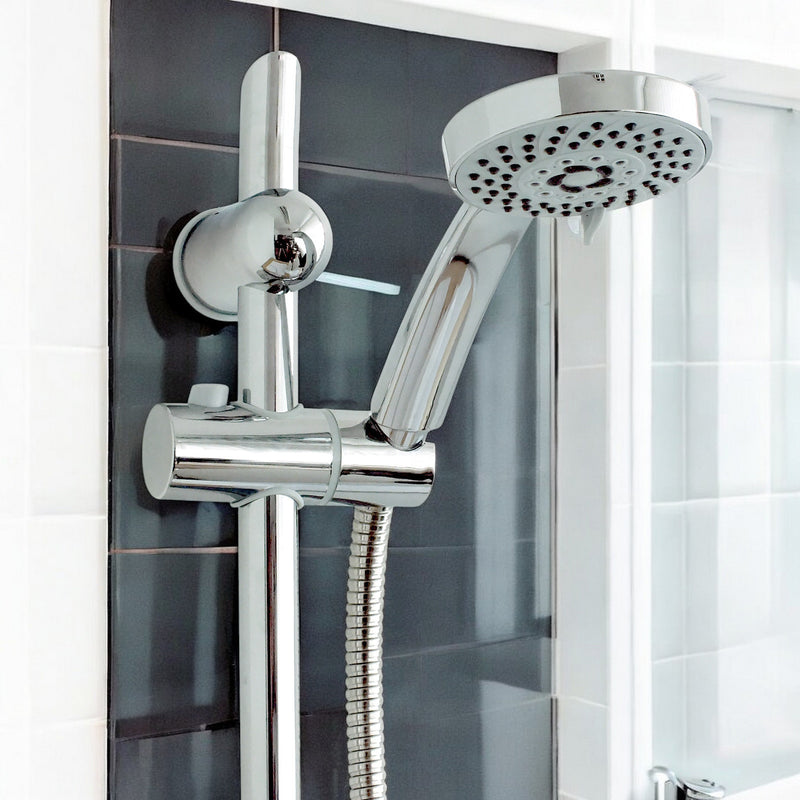 Croydex Chrome Shower Riser Rail Set | Adjustable 5 Function Spray Head, Hose and Soap Dish