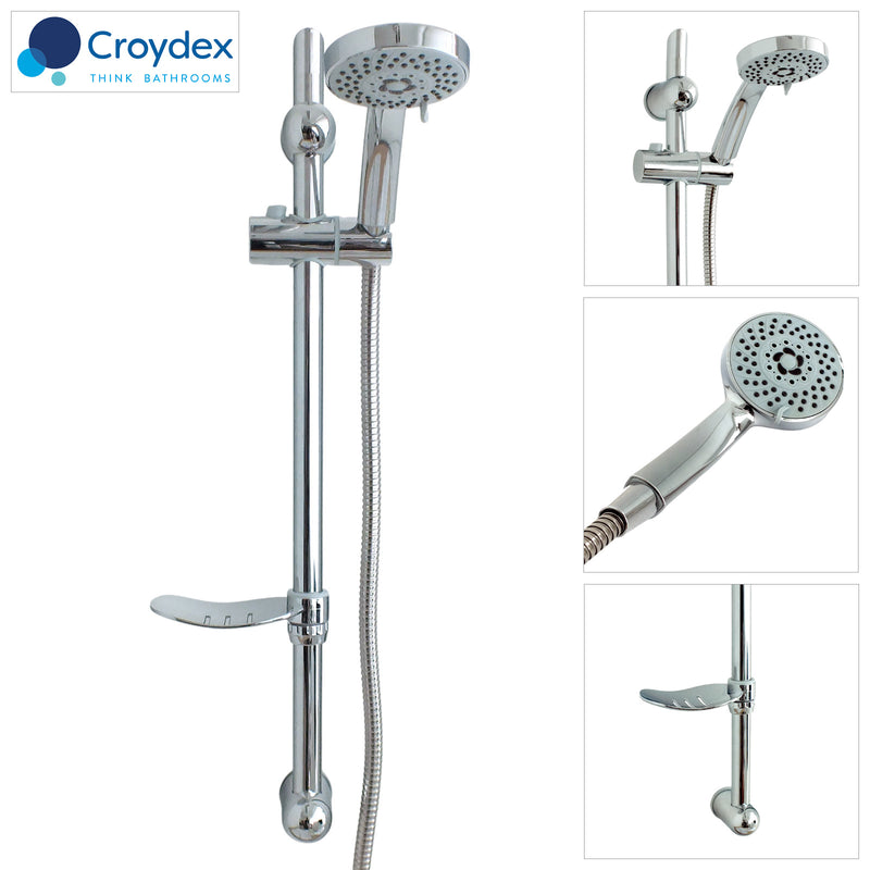 Croydex Chrome Shower Riser Rail Set | Adjustable 5 Function Spray Head, Hose and Soap Dish