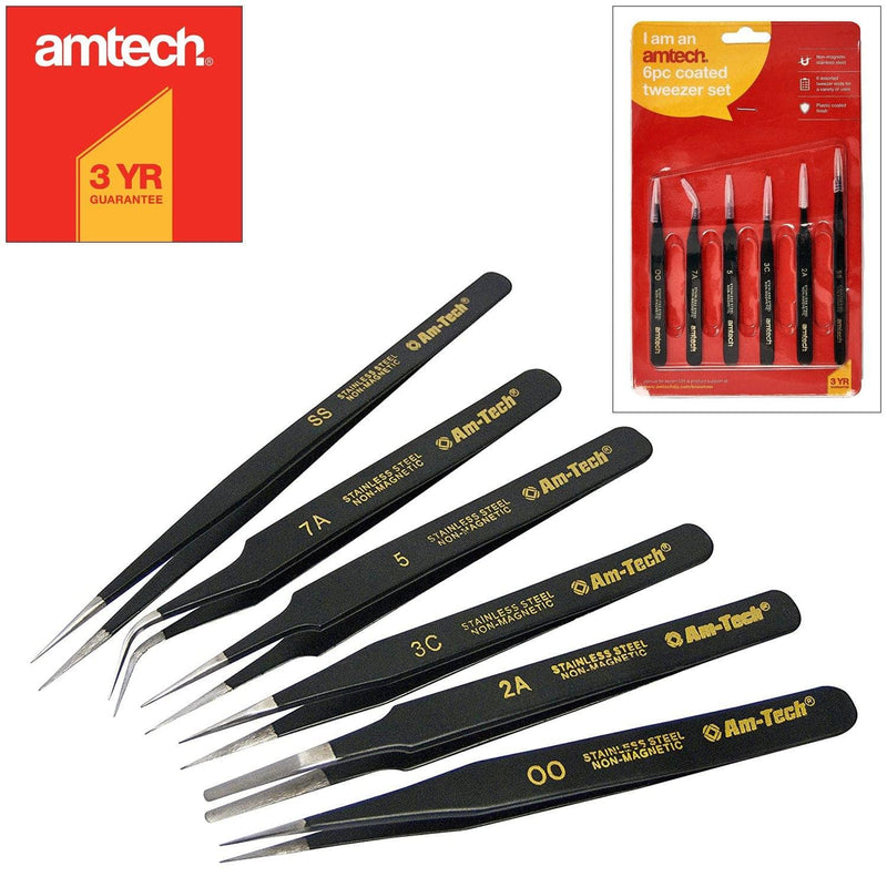 Amtech 6Pc Precision Stainless Steel Epoxy Coated Tweezer Set Non Magnetic Anti Static