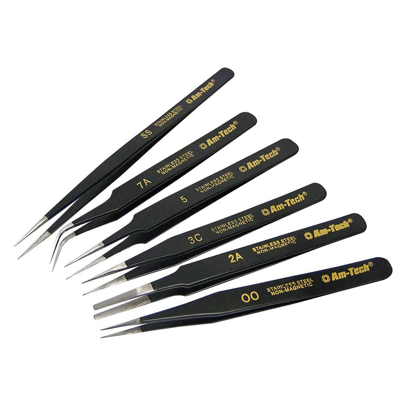 Amtech 6Pc Precision Stainless Steel Epoxy Coated Tweezer Set Non Magnetic Anti Static