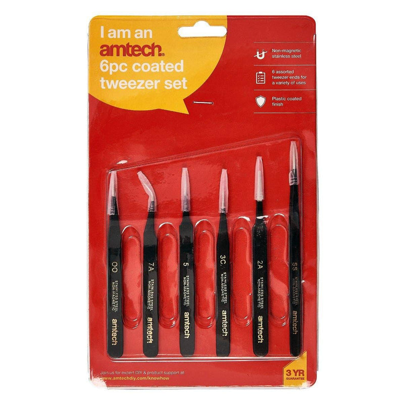 Amtech 6Pc Precision Stainless Steel Epoxy Coated Tweezer Set Non Magnetic Anti Static