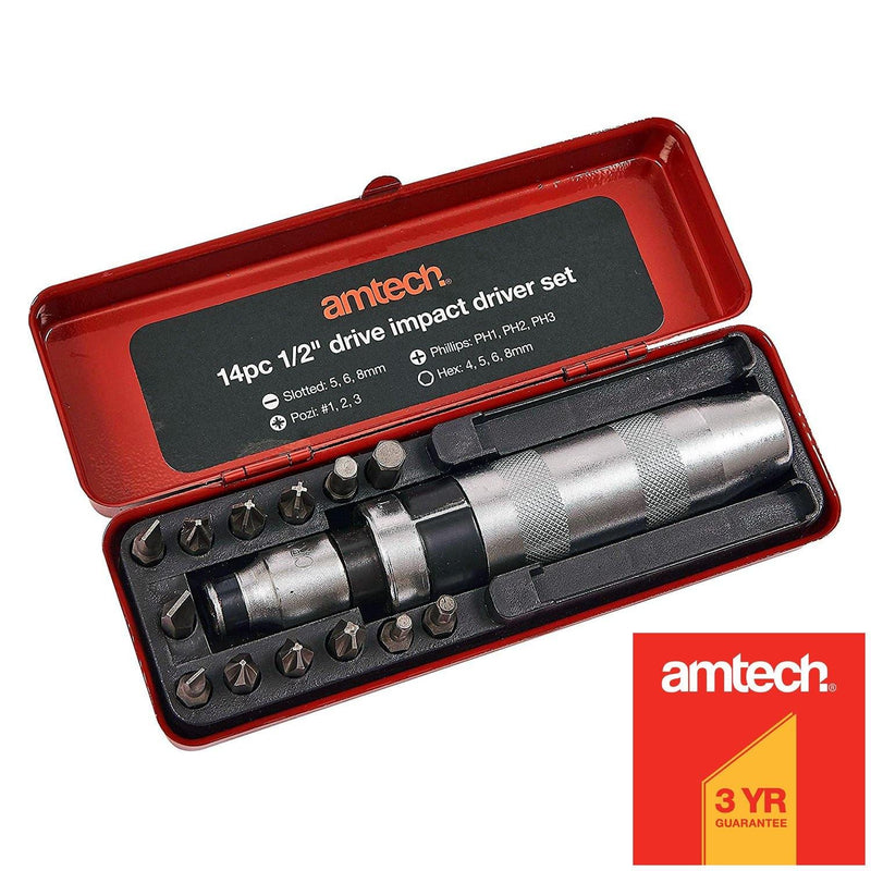 Amtech AMTECH 14PC 1/2" DRIVE IMPACT SCREW DRIVER SET POZI SLOTTED PHILLIPS BITS + CASE