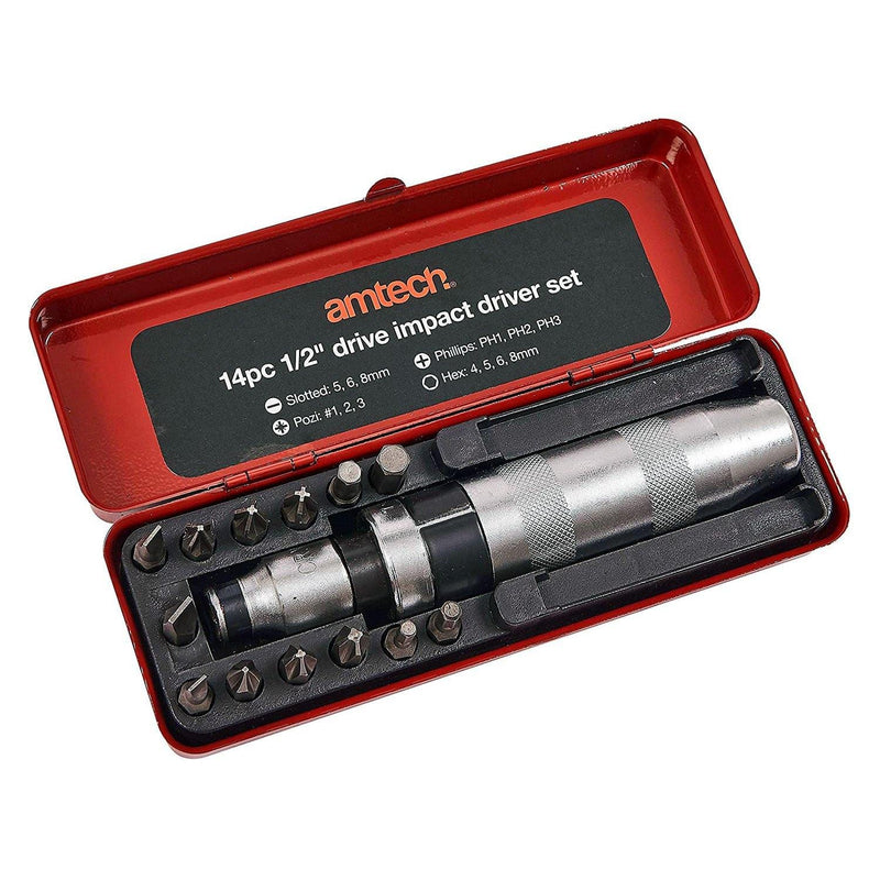 Amtech AMTECH 14PC 1/2" DRIVE IMPACT SCREW DRIVER SET POZI SLOTTED PHILLIPS BITS + CASE