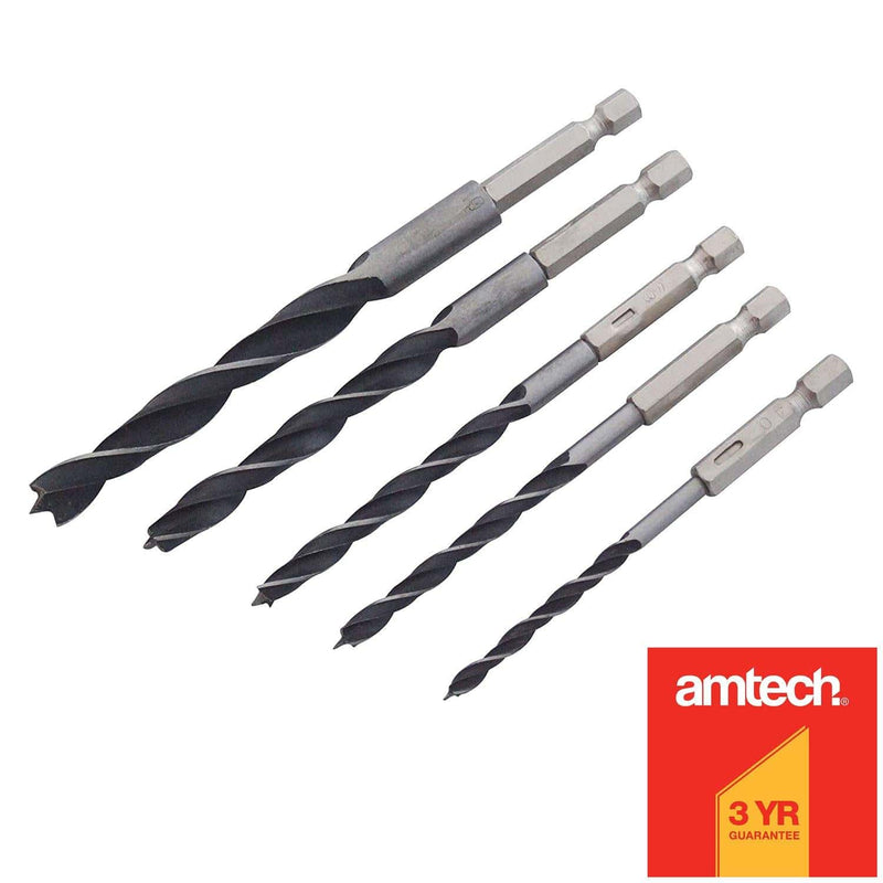 Amtech Drill Bits 5PC CARBON STEEL WOOD DRILL BIT SET QUICK RELEASE 1/4" HEX SHANK CORDLESS TOOLS