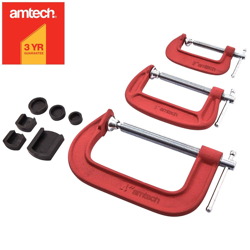 Amtech G Clamps AMTECH© 3PC WOODWORKING G CLAMP SET 2" 3" & 4" inc SOFT JAW PADS 50mm 75mm 100mm