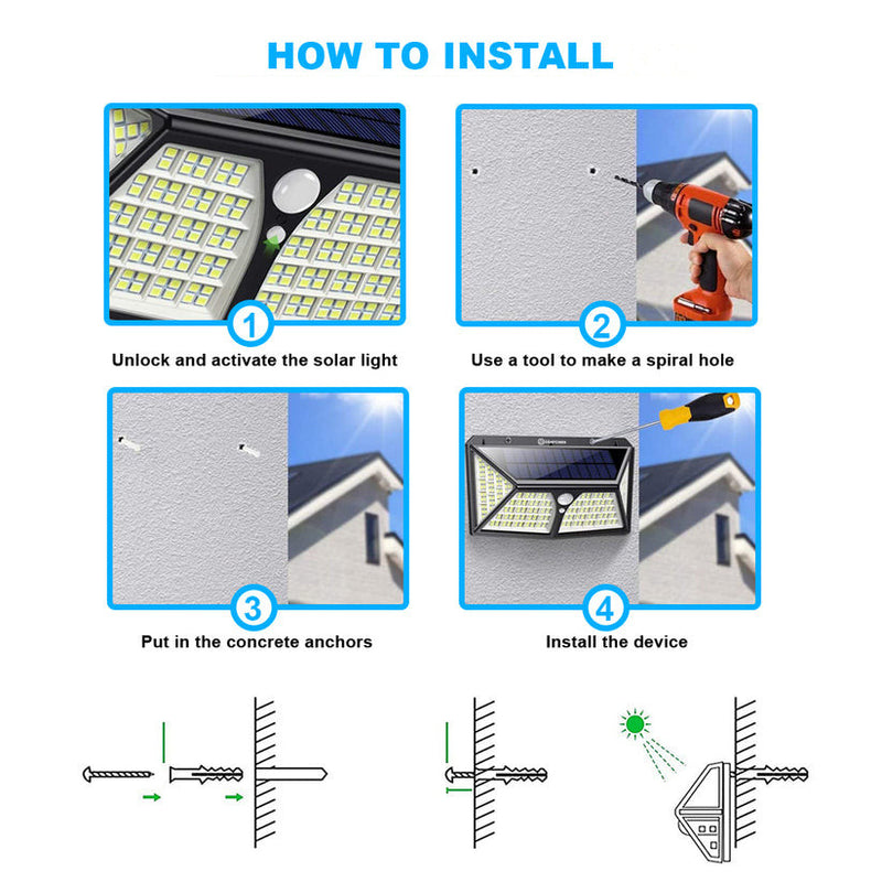 100 LED Solar Security Lights with PIR Motion Sensors | Outdoor Garden Wall Lamps 1/2/4