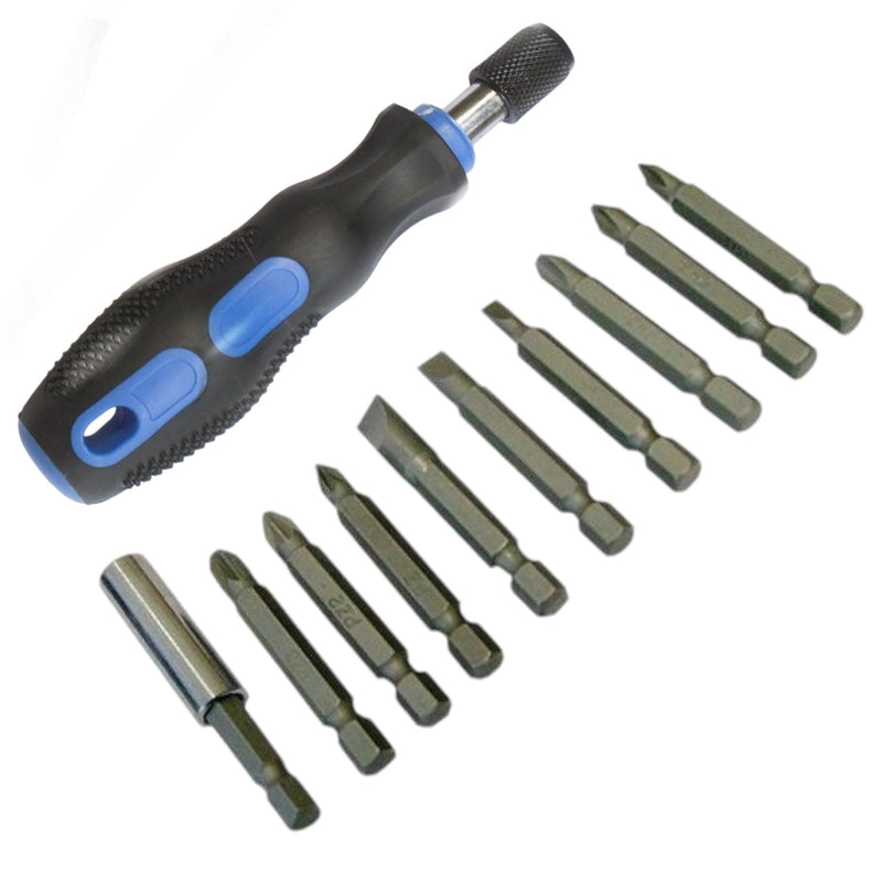 Screwdriver Handle 1/4 Hex + Magnetic Holder + 9Pc Pozi Philips Slotted Bit Set