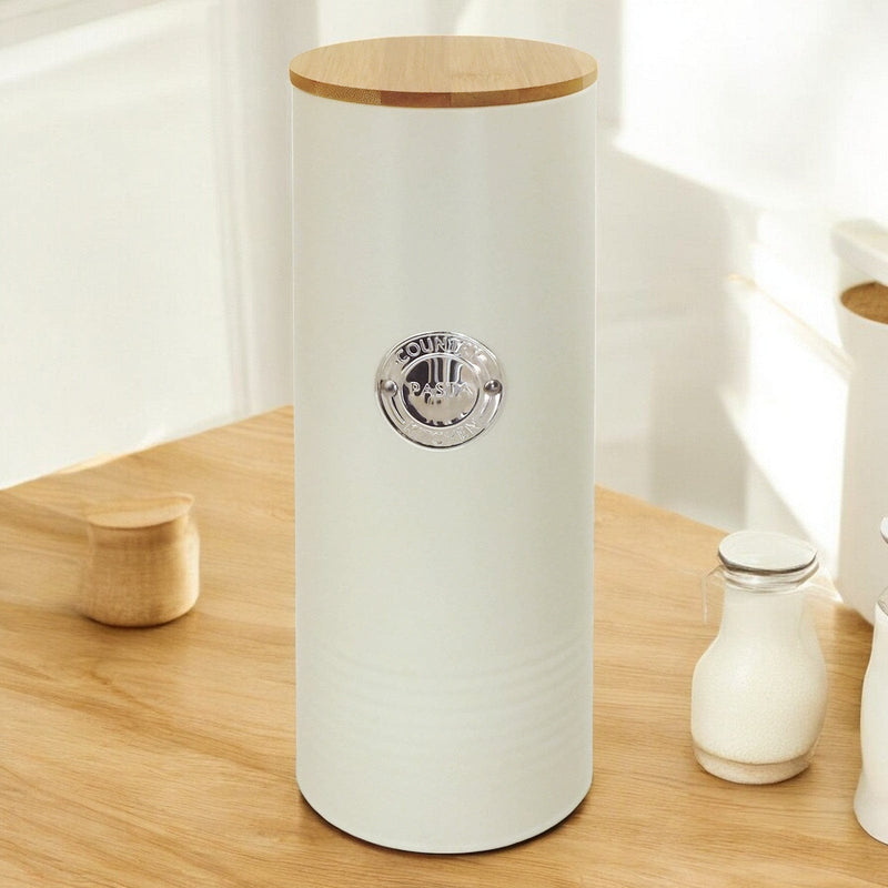 Country Kitchen Pasta Storage Canister Pasta Canister Metal Spaghetti Storage Tin with Airtight Bamboo Lid