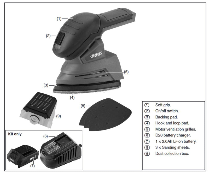 Draper 00608 D20 20V Tri-Base Detail Sander With 1X 2Ah Battery And Charger Dr-00608