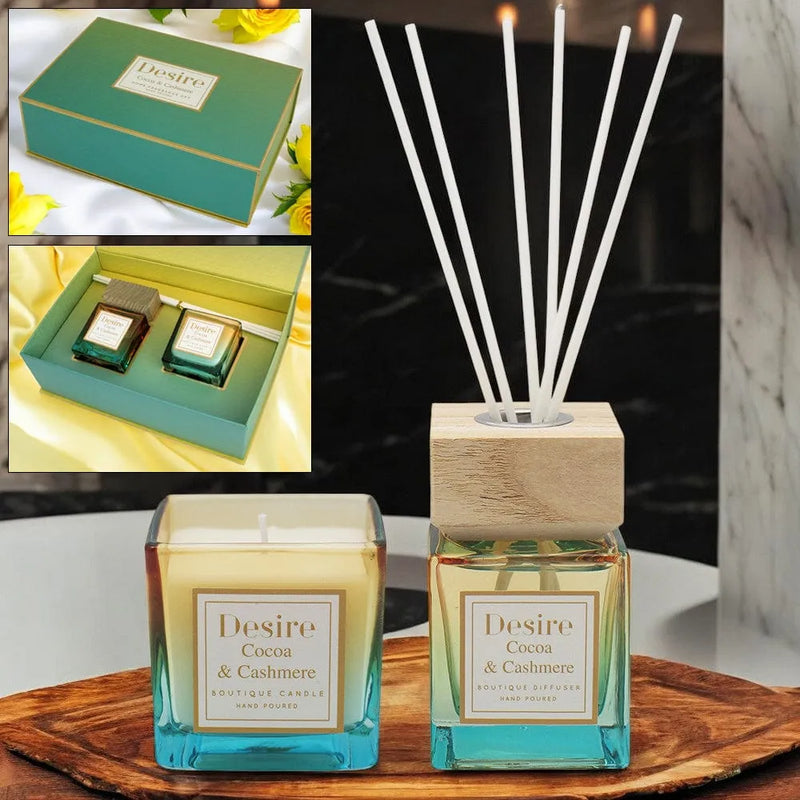 Desire Home Fragrance Gift Set Cocoa and Cashmere Scented Candle & Reed Diffuser Home Fragrance Christmas Gift Set