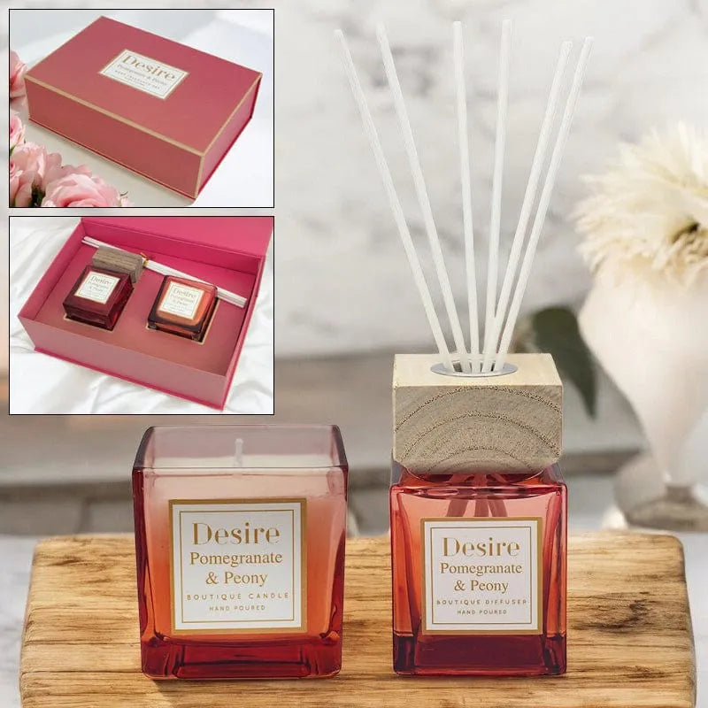 Desire Home Fragrance Gift Set Pomegranate & Peony Reed Diffuser & Scented Candle Home Fragrance Xmas Gift Set