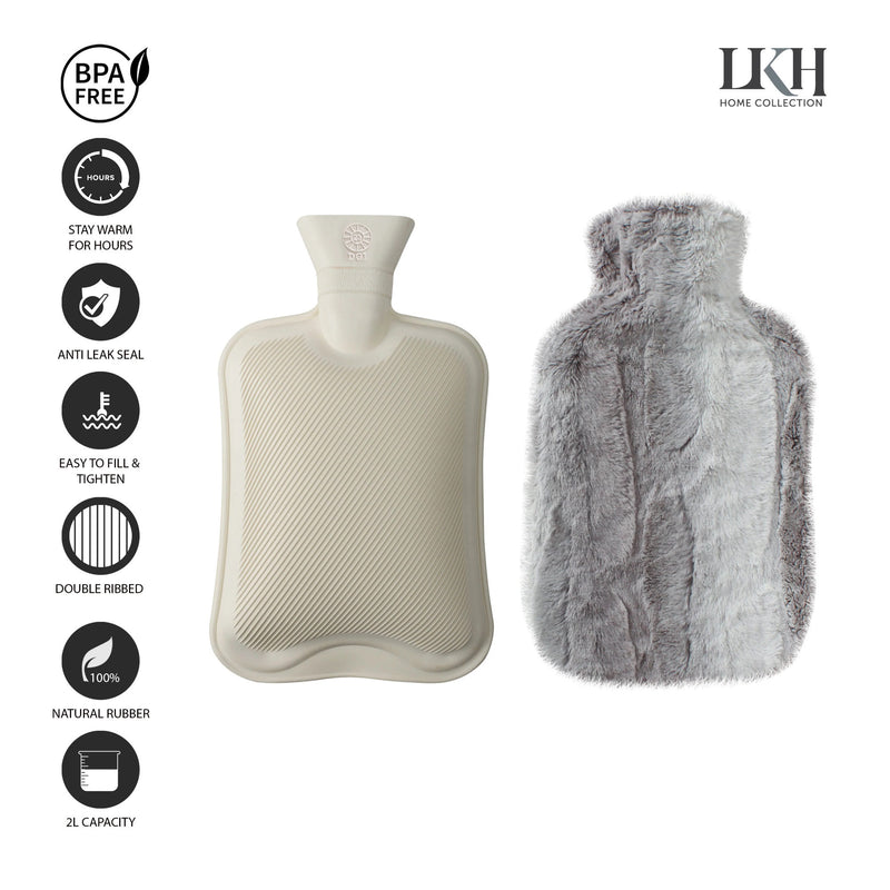 2 Litre Hot Water Bottle with Faux Rabbit Fur Cover | Warm, Soft and Fluffy - Choice of Colour