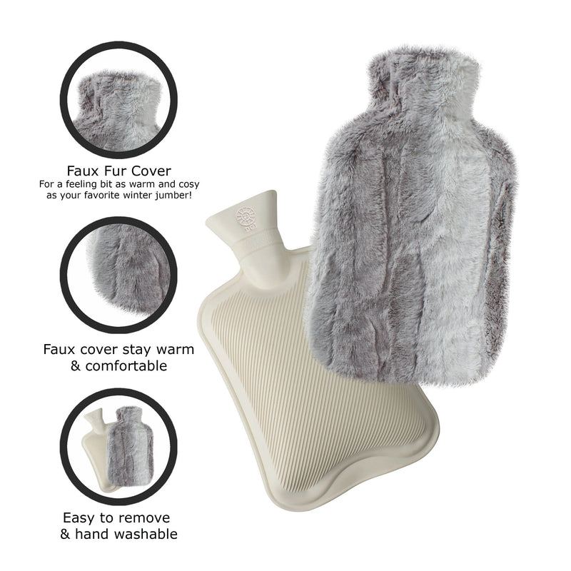 2 Litre Hot Water Bottle with Faux Rabbit Fur Cover | Warm, Soft and Fluffy - Choice of Colour