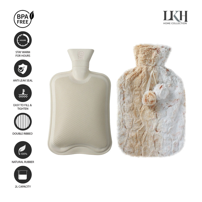 2 Litre Hot Water Bottle with Faux Rabbit Fur Cover | Warm, Soft and Fluffy - Choice of Colour