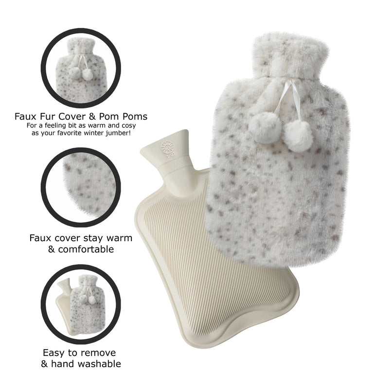 2 Litre Hot Water Bottle with Faux Rabbit Fur Cover | Warm, Soft and Fluffy - Choice of Colour