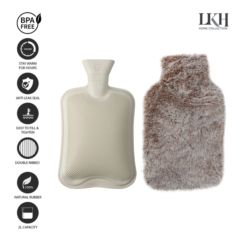 2 Litre Hot Water Bottle with Faux Rabbit Fur Cover | Warm, Soft and Fluffy - Choice of Colour