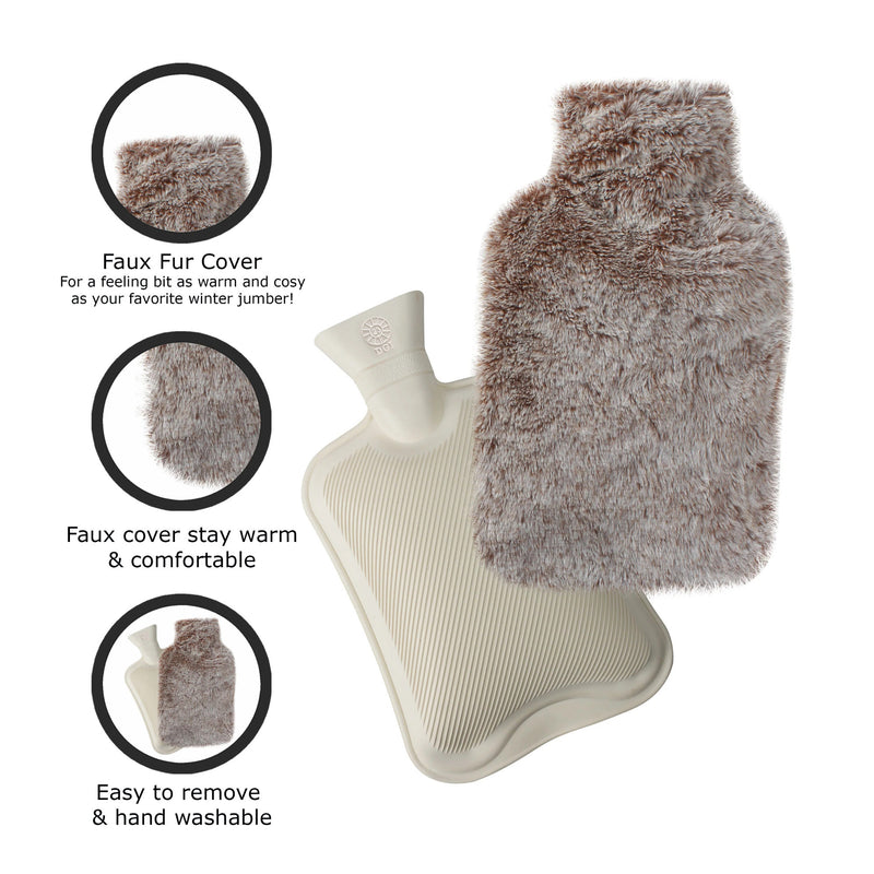 2 Litre Hot Water Bottle with Faux Rabbit Fur Cover | Warm, Soft and Fluffy - Choice of Colour