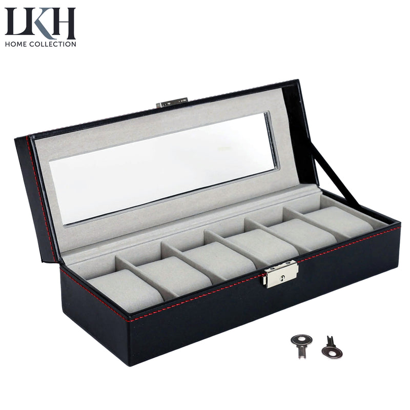 Gents Black PU Leather Watch Storage Box & Display Case | Watchbox with 6 Compartments