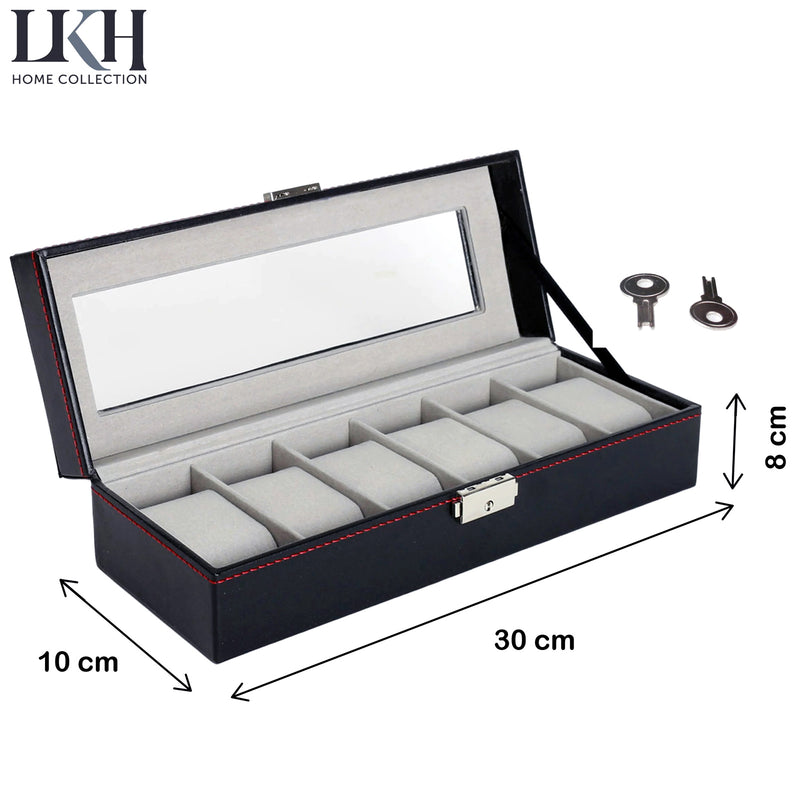 Gents Black PU Leather Watch Storage Box & Display Case | Watchbox with 6 Compartments