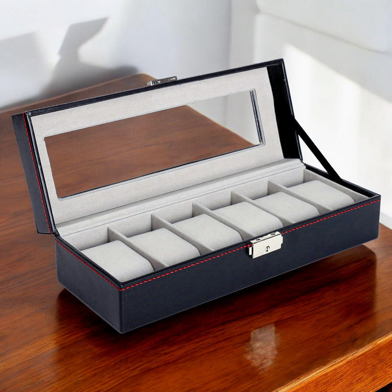 Gents Black PU Leather Watch Storage Box & Display Case | Watchbox with 6 Compartments