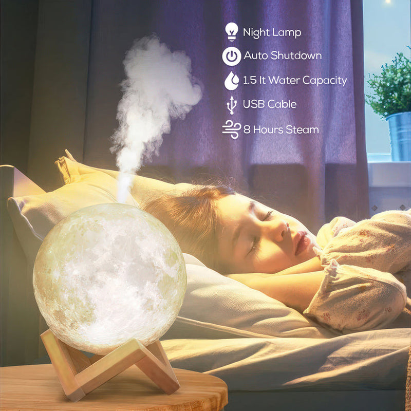 3D LED Moon Humidifier Lamp Essential Scented Oil Aroma Diffuser | USB Rechargeable Night Light