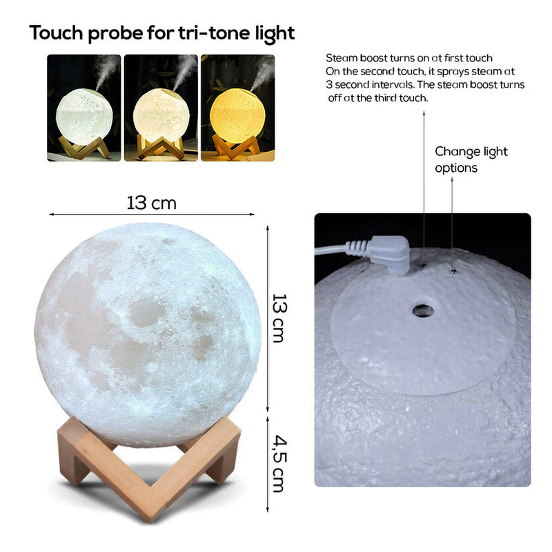 3D LED Moon Humidifier Lamp Essential Scented Oil Aroma Diffuser | USB Rechargeable Night Light