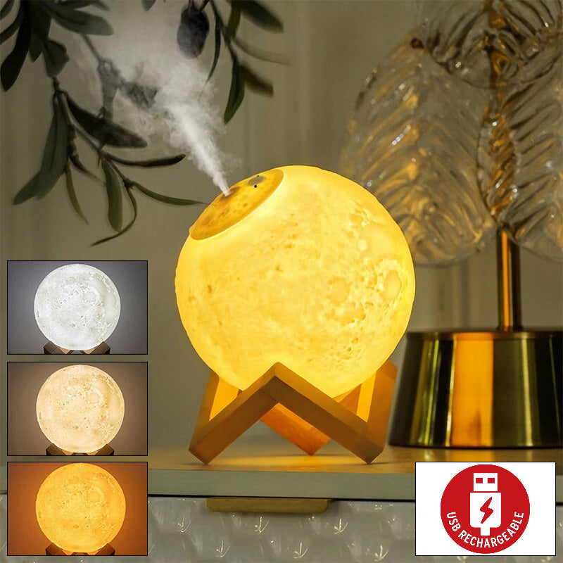 3D LED Moon Humidifier Lamp Essential Scented Oil Aroma Diffuser | USB Rechargeable Night Light