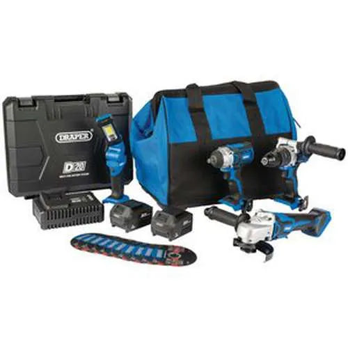 Draper Draper D20 20V Workshop Kit (4 Piece) (+1X 3Ah Batteries, 1X 4Ah Battery, Charger And Bag) Dr-90470