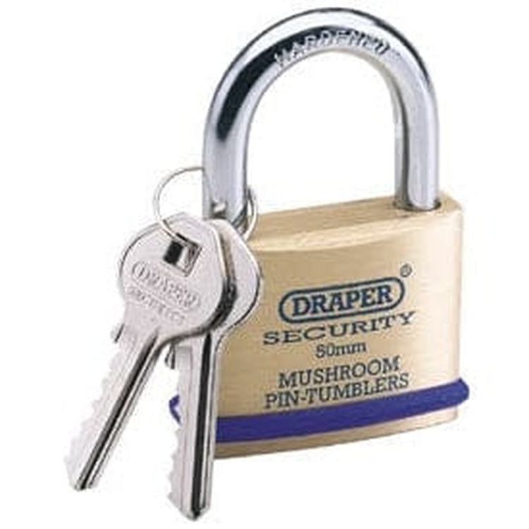 Draper Draper Solid Brass Padlock & 2 Keys With Mushroom Pin Tumblers Hardened Steel Shackle & Bumper, 50Mm Dr-64162