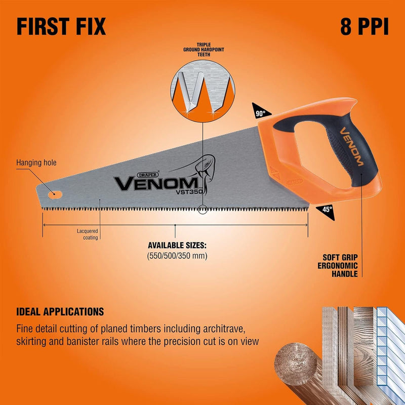 Draper Hand Saw Draper Venom 82205 First Fix Triple Ground Tool Box Saw, 350mm, 7tpi/8ppi