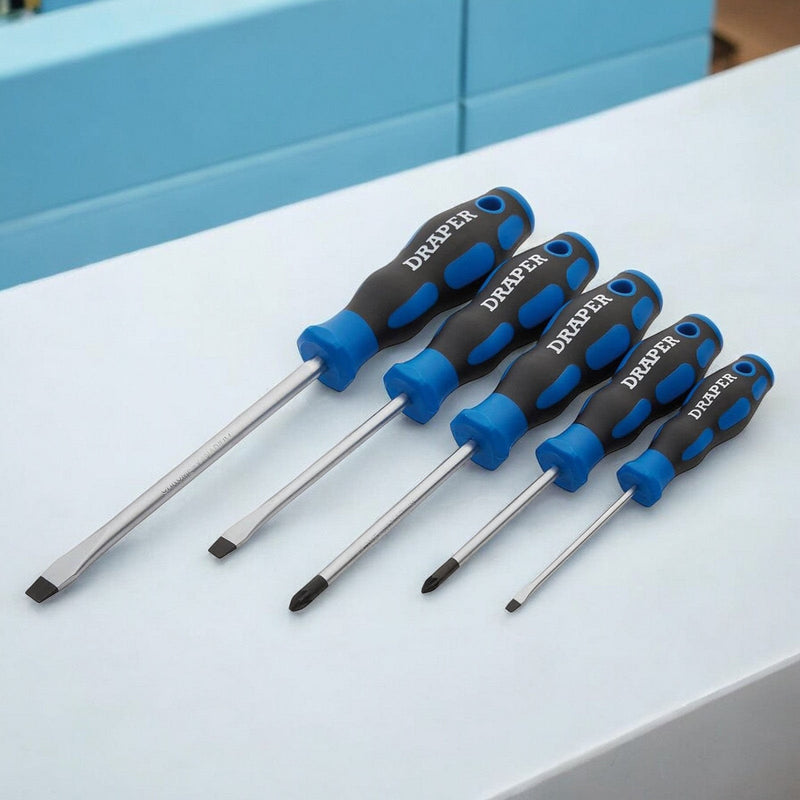 Draper Screwdriver Set Draper 09783 5 Piece Soft Grip Screwdriver Set, 3 x Plain Slot, 2 X PZ Type