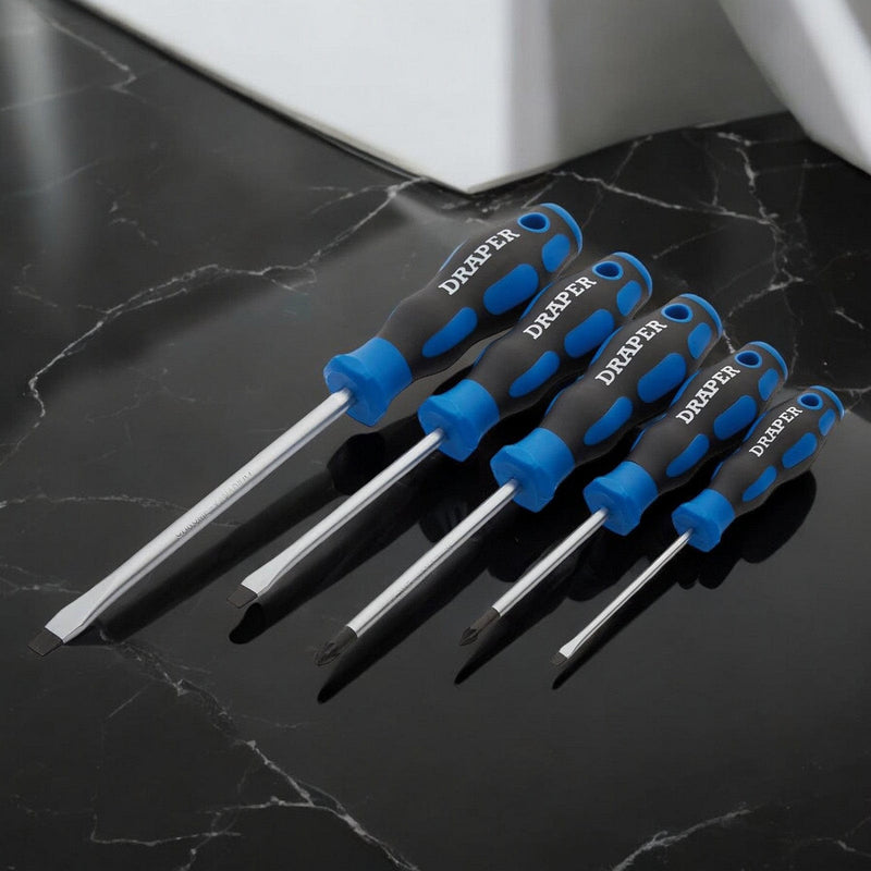 Draper Screwdriver Set Draper 09783 5 Piece Soft Grip Screwdriver Set, 3 x Plain Slot, 2 X PZ Type