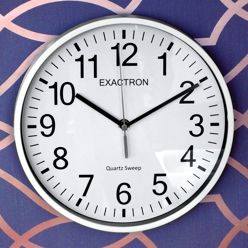 Exactron Wall Clock 10" Round White Wall Clock Quartz Silent Sweep Non Ticking Movement