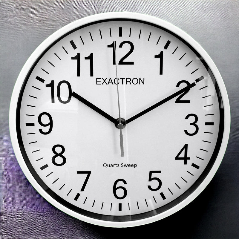 Exactron Wall Clock 10" Round White Wall Clock Quartz Silent Sweep Non Ticking Movement