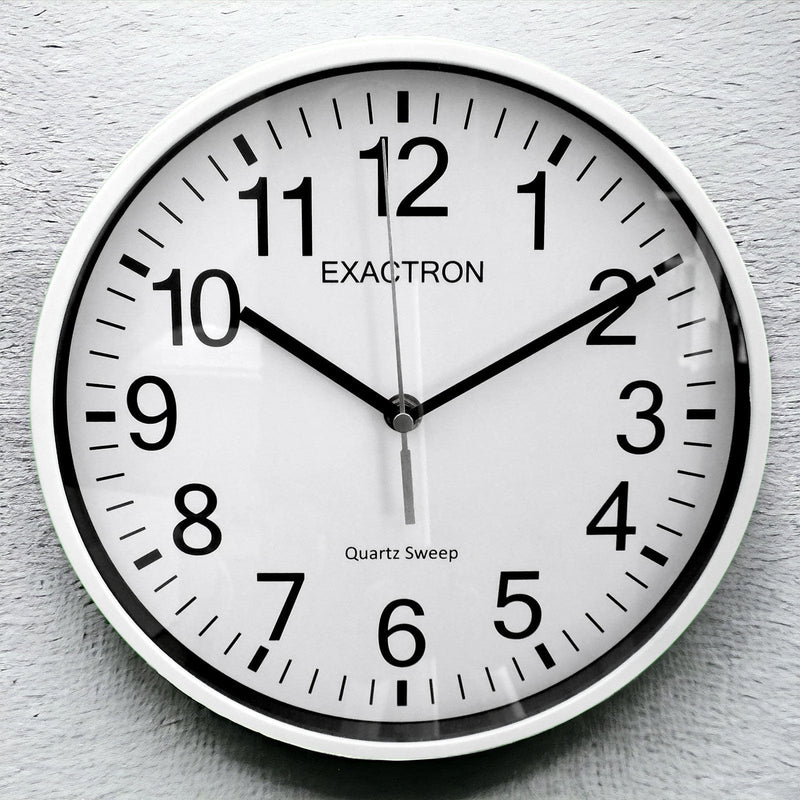 Exactron Wall Clock 10" Round White Wall Clock Quartz Silent Sweep Non Ticking Movement