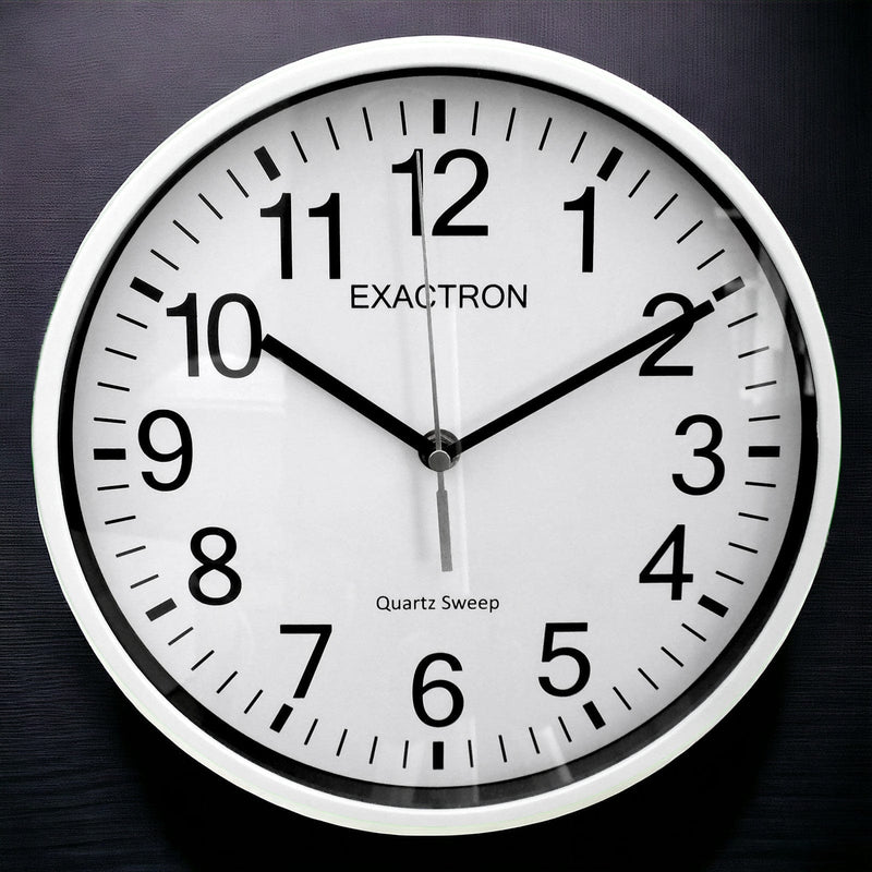 Exactron Wall Clock 10" Round White Wall Clock Quartz Silent Sweep Non Ticking Movement