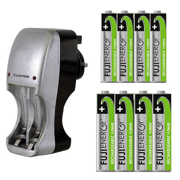 Compact Plug-In Battery Charger plus 8 Rechargeable Batteries AA AAA Ni-MH