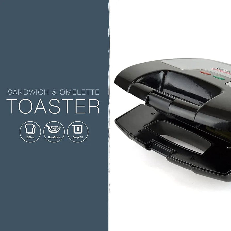 Kitchen Perfected Electric Sandwich Toaster 2 Slice Sandwich & Omelette Maker - Non-Stick - Portable - E2615BK - Black Steel