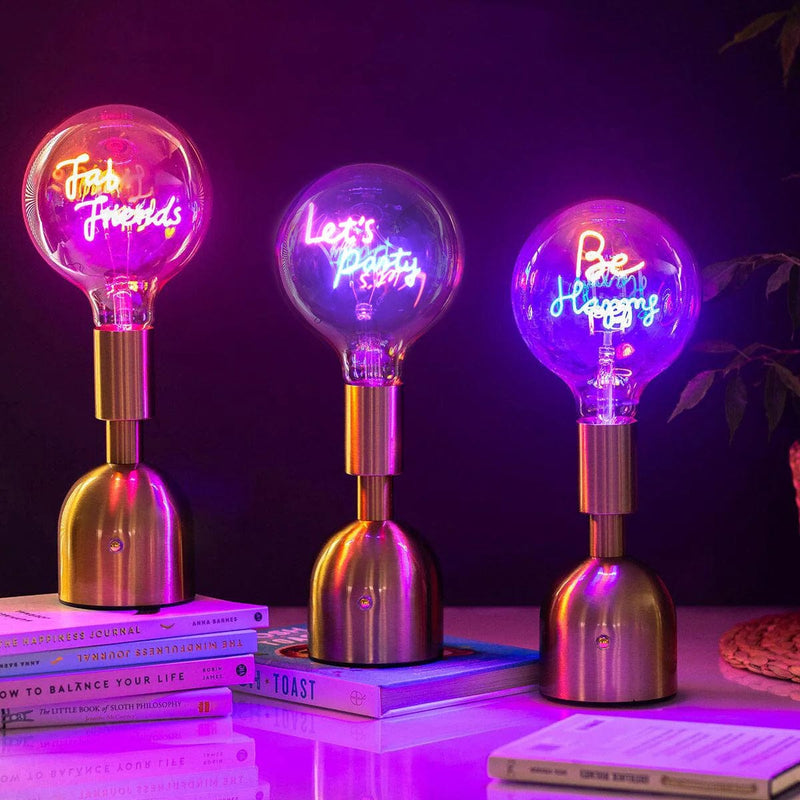 Lesser & Pavey Cordless Rechargeable Table Lamp USB Cordless Rechargeable Table Lamp with Brass Base, LED Bulb and Neon Text | Choice of Message