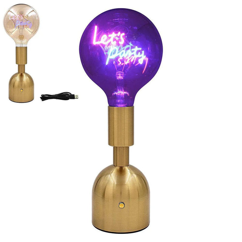 Lesser & Pavey Cordless Rechargeable Table Lamp USB Cordless Rechargeable Table Lamp with Brass Base, LED Bulb and Neon Text | Choice of Message