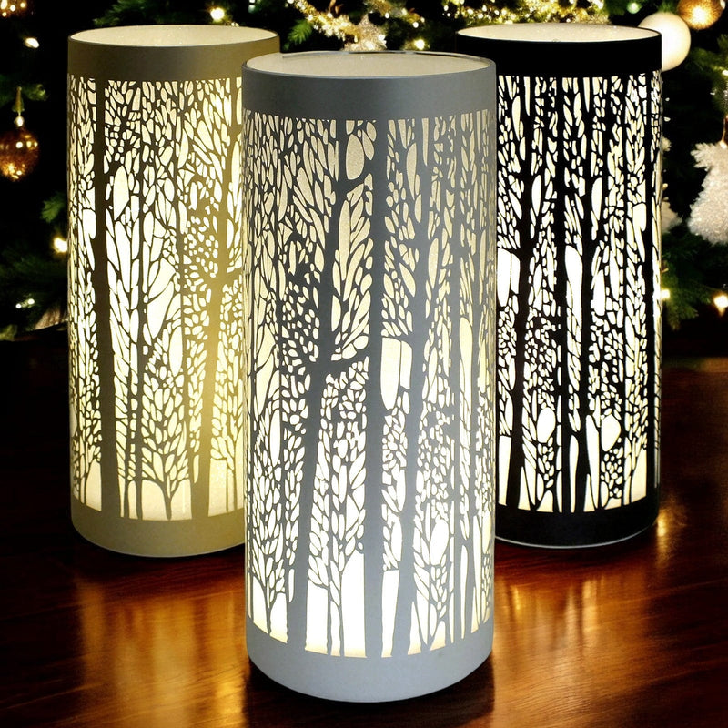 Lesser & Pavey LED Table Lamp LED Glass Christmas Lights Cordless Battery Powered Table Lamps | Blue, Gold or Silver with Tree Silhouettes